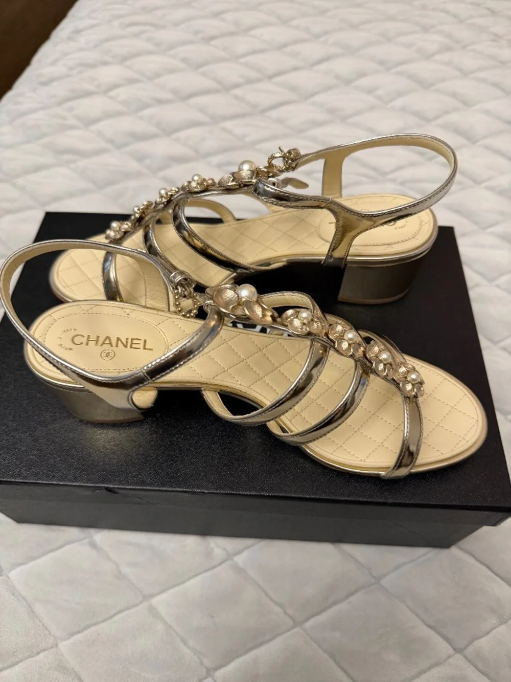 Chanel gold sandal with pearl flower detail